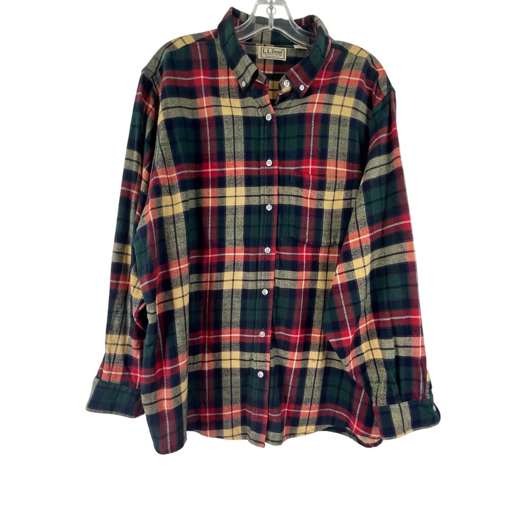 L.L.Bean Green Red Plaid 100% Cotton Flannel Button Down Women's Size 20